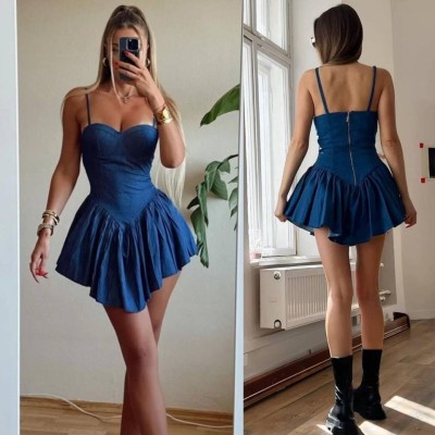 Kadın Kot Kumaş Göğüs Glop Detaylı Sırt Fermuarlı Mini Boy Elbise Kadın Kot Kumaş Göğüs Glop Detaylı Sırt Fermuarlı Mini Boy Elbise
