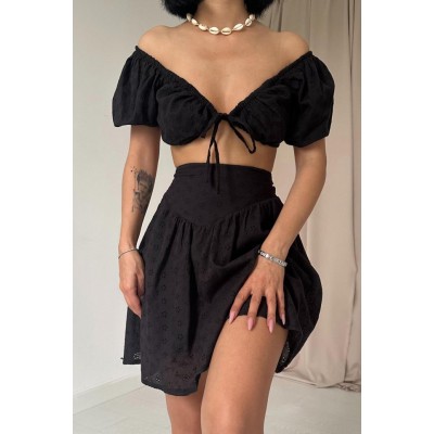 Siyah Brode Crop Ve Mini Etek Takım Siyah Brode Crop Ve Mini Etek Takım