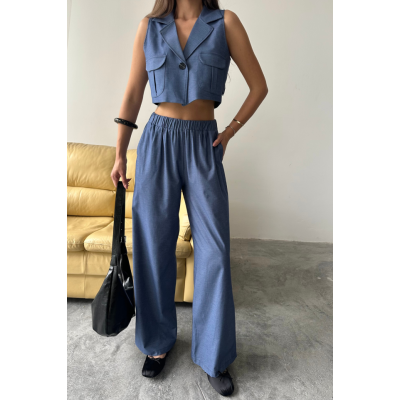 TENCEL CROP KOLSUZ GÖMLEK - PANTOLON TAKIM - İndigo TENCEL CROP KOLSUZ GÖMLEK - PANTOLON TAKIM - İndigo
