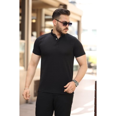 Erkek çizgi Dokulu çıtçıt Yakalı Kısa Kollu T-shirt