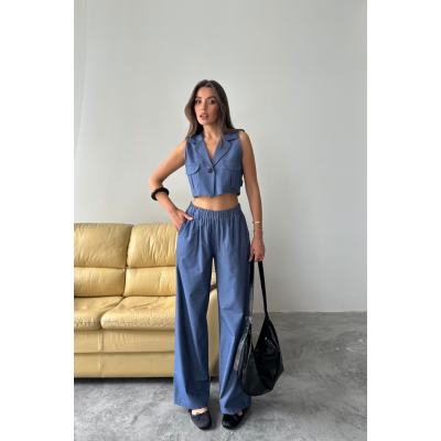 TENCEL CROP KOLSUZ GÖMLEK - PANTOLON TAKIM - İndigo TENCEL CROP KOLSUZ GÖMLEK - PANTOLON TAKIM - İndigo