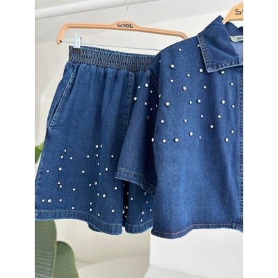 Taş Detaylı Gömlek Şort Denim Takım 10175 Taş Detaylı Gömlek Şort Denim Takım 10175