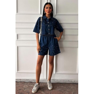 Taş Detaylı Gömlek Şort Denim Takım 10175 Taş Detaylı Gömlek Şort Denim Takım 10175