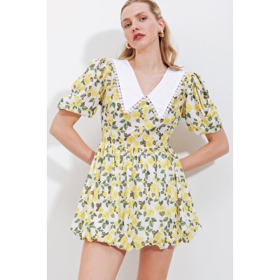 2478 Çiçekli Mini Elbise - Sarı 2478 Çiçekli Mini Elbise - Sarı