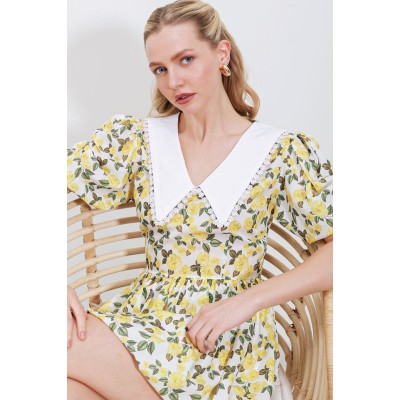 2478 Çiçekli Mini Elbise - Sarı 2478 Çiçekli Mini Elbise - Sarı
