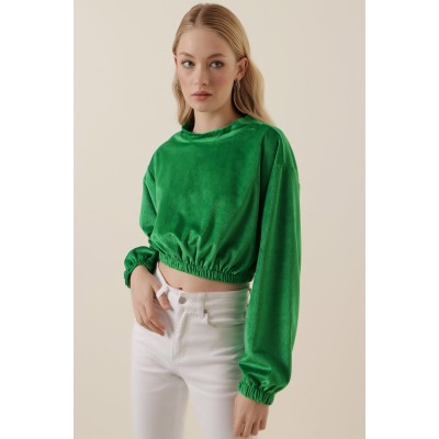 55392 Kadife Crop Bluz - Yeşil 55392 Kadife Crop Bluz - Yeşil