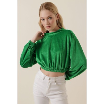 55392 Kadife Crop Bluz - Yeşil 55392 Kadife Crop Bluz - Yeşil