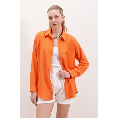 20153 Tek Cepli Oversize Keten Gömlek - Oranje 20153 Tek Cepli Oversize Keten Gömlek - Oranje