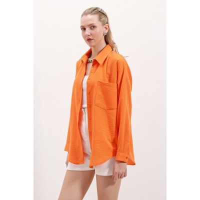 20153 Tek Cepli Oversize Keten Gömlek - Oranje 20153 Tek Cepli Oversize Keten Gömlek - Oranje