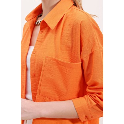 20153 Tek Cepli Oversize Keten Gömlek - Oranje 20153 Tek Cepli Oversize Keten Gömlek - Oranje