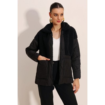 5182 Peluş Detaylı Oversize Şişme Mont - Siyah