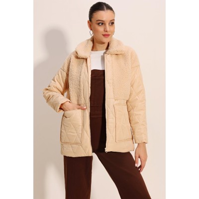 5182 Peluş Detaylı Oversize Şişme Mont - Bej 5182 Peluş Detaylı Oversize Şişme Mont - Bej