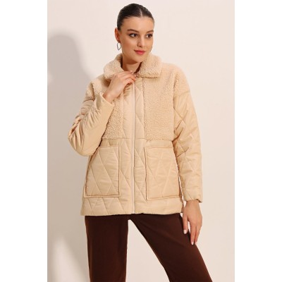 5182 Peluş Detaylı Oversize Şişme Mont - Bej 5182 Peluş Detaylı Oversize Şişme Mont - Bej