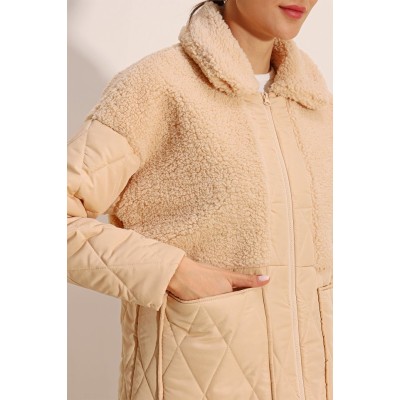 5182 Peluş Detaylı Oversize Şişme Mont - Bej 5182 Peluş Detaylı Oversize Şişme Mont - Bej