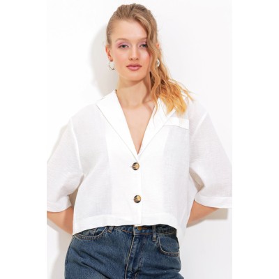 Beyaz Çift Düğmeli Oversize Crop Keten Ceket 0706 Beyaz Çift Düğmeli Oversize Crop Keten Ceket 0706