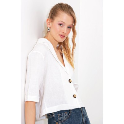 Beyaz Çift Düğmeli Oversize Crop Keten Ceket 0706 Beyaz Çift Düğmeli Oversize Crop Keten Ceket 0706