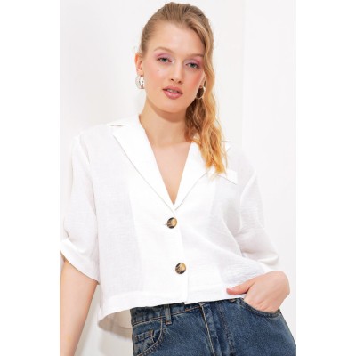 Beyaz Çift Düğmeli Oversize Crop Keten Ceket 0706 Beyaz Çift Düğmeli Oversize Crop Keten Ceket 0706