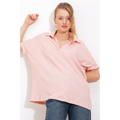 Pudra Oversize Polo Yaka Örme Bluz 0486 Pudra Oversize Polo Yaka Örme Bluz 0486