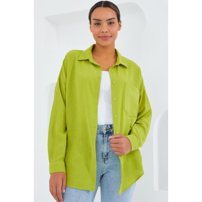 20153 Tek Cepli Oversize Keten Gömlek - Yağ Yeşil 20153 Tek Cepli Oversize Keten Gömlek - Yağ Yeşil