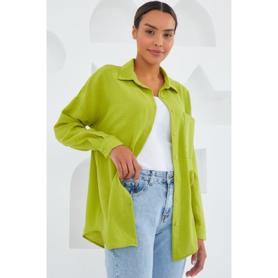 20153 Tek Cepli Oversize Keten Gömlek - Yağ Yeşil 20153 Tek Cepli Oversize Keten Gömlek - Yağ Yeşil