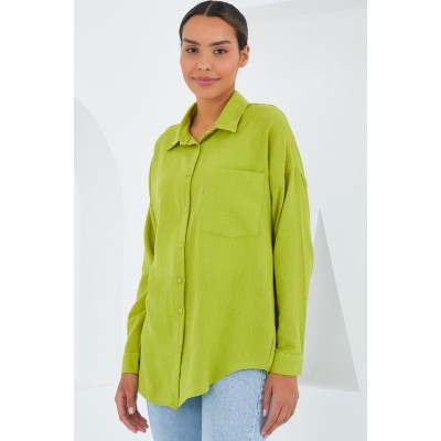 20153 Tek Cepli Oversize Keten Gömlek - Yağ Yeşil 20153 Tek Cepli Oversize Keten Gömlek - Yağ Yeşil