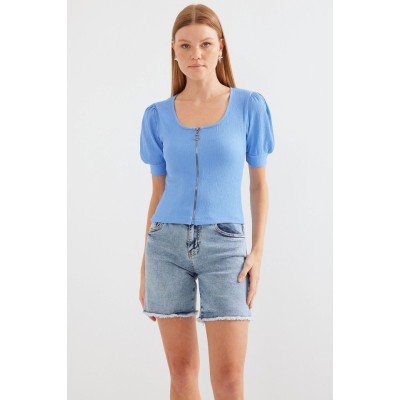 4316 Fermuarlı Örme Bluz - Mavi 4316 Fermuarlı Örme Bluz - Mavi