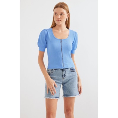 4316 Fermuarlı Örme Bluz - Mavi 4316 Fermuarlı Örme Bluz - Mavi