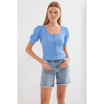 4316 Fermuarlı Örme Bluz - Mavi 4316 Fermuarlı Örme Bluz - Mavi