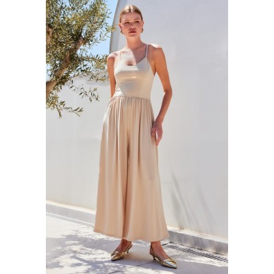 7029 Bol Paça Askılı Tulum - Bej 7029 Bol Paça Askılı Tulum - Bej