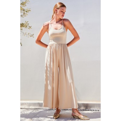 7029 Bol Paça Askılı Tulum - Bej 7029 Bol Paça Askılı Tulum - Bej