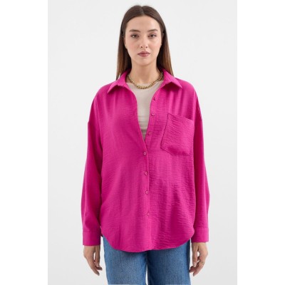 20153 Tek Cepli Oversize Keten Gömlek - Koyu Pembe