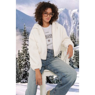 5193 Kapüşonlu Peluş Crop Ceket - Ekru 5193 Kapüşonlu Peluş Crop Ceket - Ekru