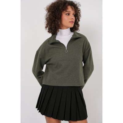 55449 Fermuarlı Yaka Örme Sweatshirt - Haki 55449 Fermuarlı Yaka Örme Sweatshirt - Haki