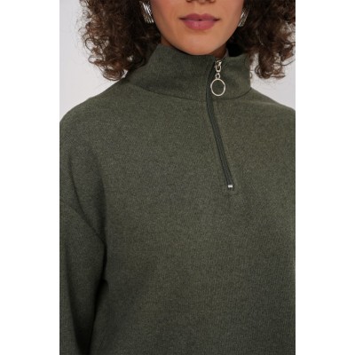 55449 Fermuarlı Yaka Örme Sweatshirt - Haki 55449 Fermuarlı Yaka Örme Sweatshirt - Haki
