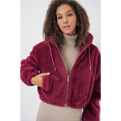 5193 Kapüşonlu Peluş Crop Ceket - Mürdüm 5193 Kapüşonlu Peluş Crop Ceket - Mürdüm