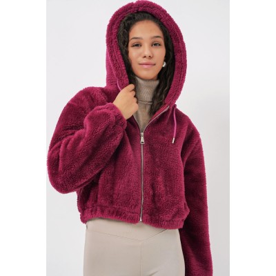 5193 Kapüşonlu Peluş Crop Ceket - Mürdüm 5193 Kapüşonlu Peluş Crop Ceket - Mürdüm