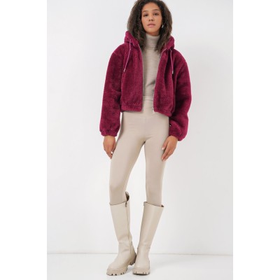 5193 Kapüşonlu Peluş Crop Ceket - Mürdüm 5193 Kapüşonlu Peluş Crop Ceket - Mürdüm