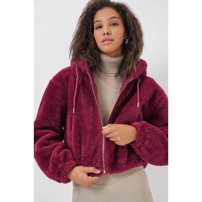 5193 Kapüşonlu Peluş Crop Ceket - Mürdüm 5193 Kapüşonlu Peluş Crop Ceket - Mürdüm