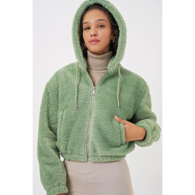 5193 Kapüşonlu Peluş Crop Ceket - E.Yeşil 5193 Kapüşonlu Peluş Crop Ceket - E.Yeşil