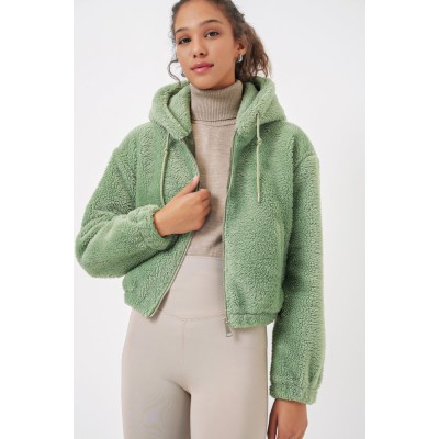 5193 Kapüşonlu Peluş Crop Ceket - E.Yeşil 5193 Kapüşonlu Peluş Crop Ceket - E.Yeşil