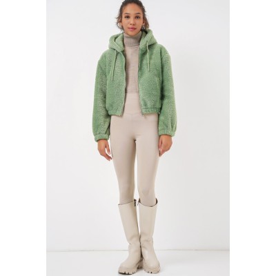 5193 Kapüşonlu Peluş Crop Ceket - E.Yeşil 5193 Kapüşonlu Peluş Crop Ceket - E.Yeşil