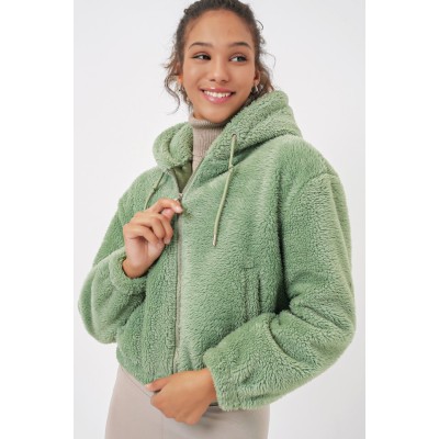 5193 Kapüşonlu Peluş Crop Ceket - E.Yeşil 5193 Kapüşonlu Peluş Crop Ceket - E.Yeşil