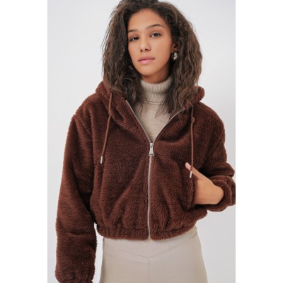 5193 Kapüşonlu Peluş Crop Ceket - Kahverengi 5193 Kapüşonlu Peluş Crop Ceket - Kahverengi