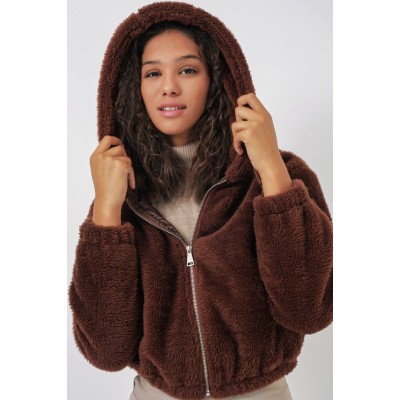 5193 Kapüşonlu Peluş Crop Ceket - Kahverengi 5193 Kapüşonlu Peluş Crop Ceket - Kahverengi