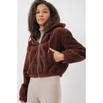 5193 Kapüşonlu Peluş Crop Ceket - Kahverengi 5193 Kapüşonlu Peluş Crop Ceket - Kahverengi