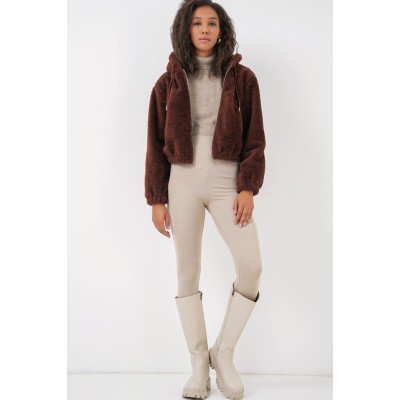 5193 Kapüşonlu Peluş Crop Ceket - Kahverengi 5193 Kapüşonlu Peluş Crop Ceket - Kahverengi