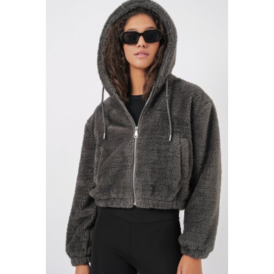 5193 Kapüşonlu Peluş Crop Ceket - Antrasit 5193 Kapüşonlu Peluş Crop Ceket - Antrasit