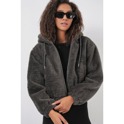 5193 Kapüşonlu Peluş Crop Ceket - Antrasit 5193 Kapüşonlu Peluş Crop Ceket - Antrasit
