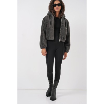 5193 Kapüşonlu Peluş Crop Ceket - Antrasit 5193 Kapüşonlu Peluş Crop Ceket - Antrasit
