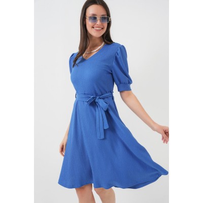 2370 Kuşaklı Örme Elbise - Saks 2370 Kuşaklı Örme Elbise - Saks